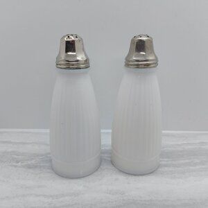 Vintage Milk Glass Ribbed Salt And Pepper Shakers 5 1/2" With Metal Lids